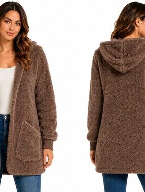 YACUN Women’s Teddy Fleece Hooded Open Front Cardigan Brown - Size M